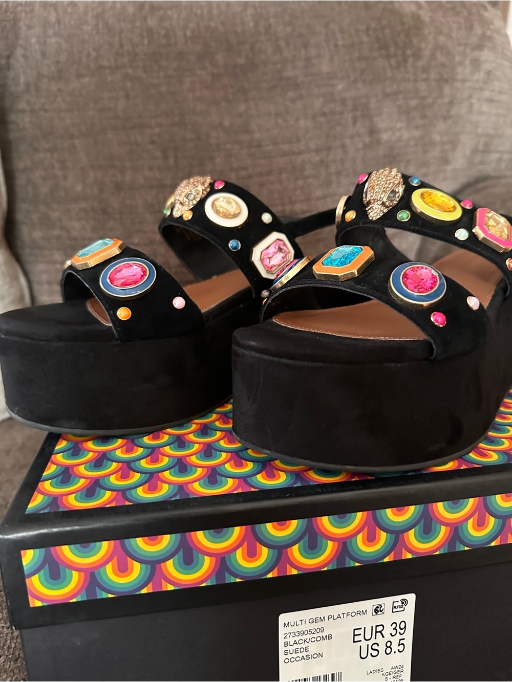 Kurt Geiger Black Velvet Jeweled Platform Sandals - Picture 5 of 8